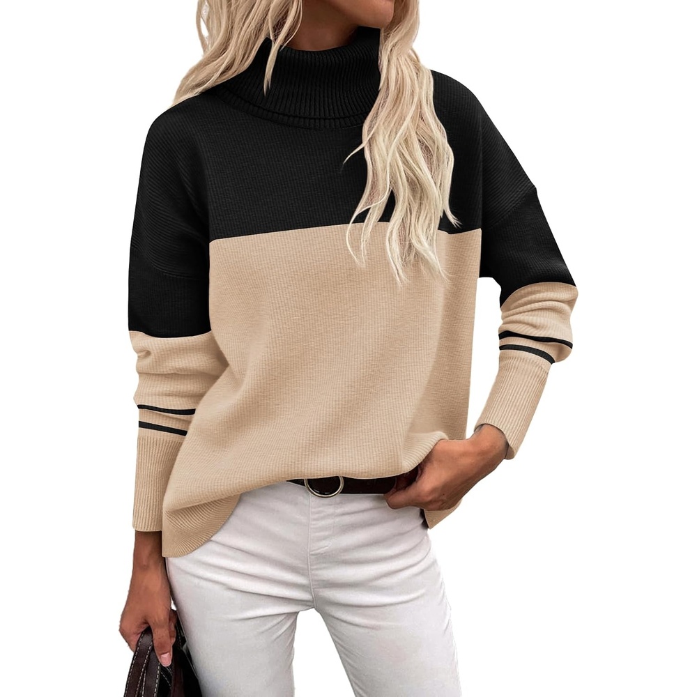 image:imageZeagoo Womens Turtleneck Sweater 2026 Fall Winter Chunky Knitted PulloverApricot Black Stripe