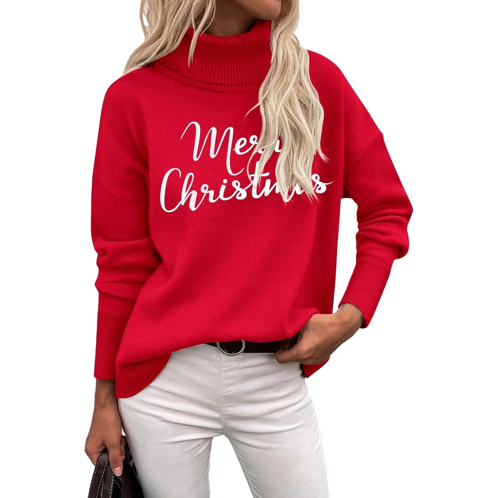 image:imageZeagoo Womens Turtleneck Sweater 2026 Fall Winter Chunky Knitted PulloverChristmas Letter
