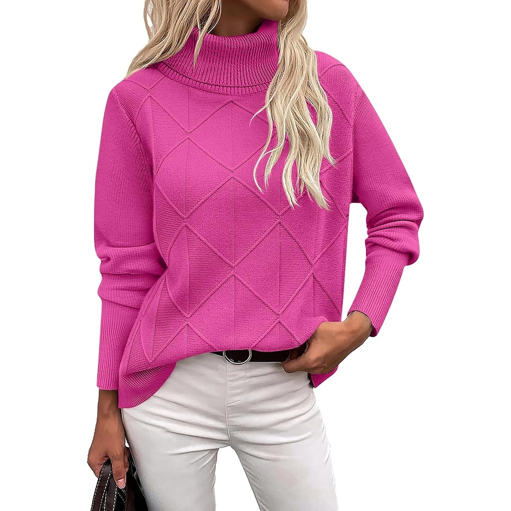 image:imageZeagoo Womens Turtleneck Sweater Fall Winter 2026 Long Sleeve Chunky Knitted Trendy Pullover TopsHot Pink