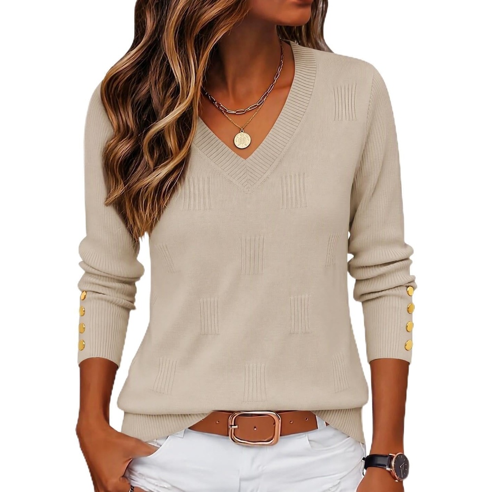 image:imageZeagoo Womens V Neck Sweaters Long Sleeve Lightweight with Buttons OufitsAlmond
