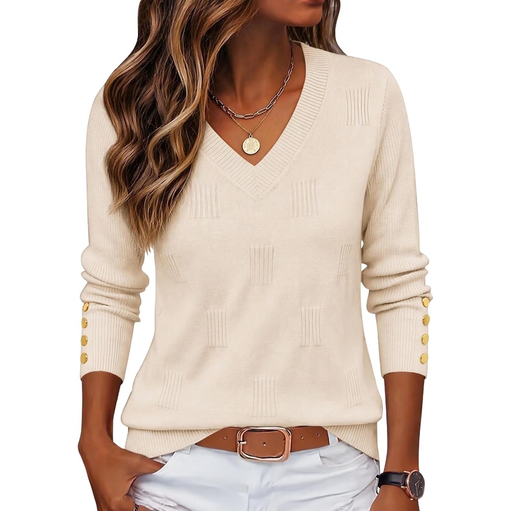 image:imageZeagoo Womens V Neck Sweaters Long Sleeve Lightweight with Buttons OufitsBeige