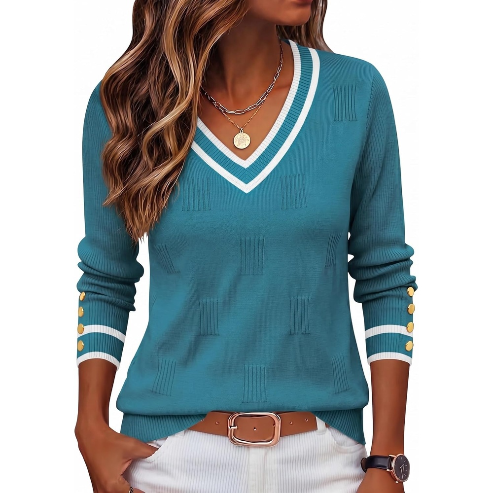 image:imageZeagoo Womens V Neck Sweaters Long Sleeve Lightweight with Buttons OufitsBluewhite