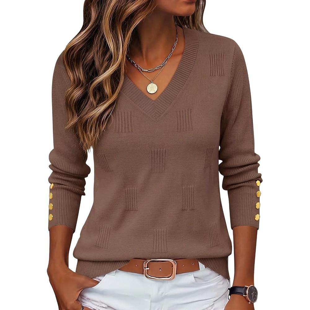 image:imageZeagoo Womens V Neck Sweaters Long Sleeve Lightweight with Buttons OufitsBrown