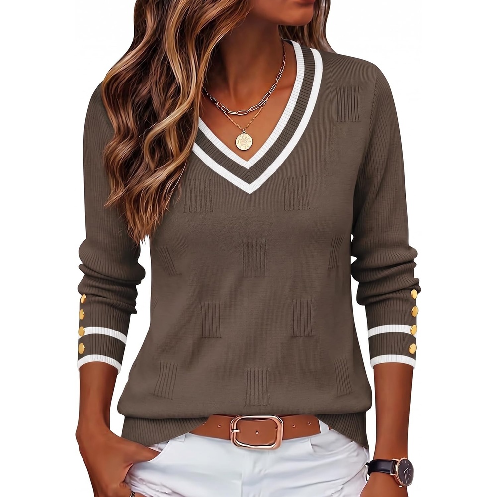image:imageZeagoo Womens V Neck Sweaters Long Sleeve Lightweight with Buttons OufitsBrownwhite