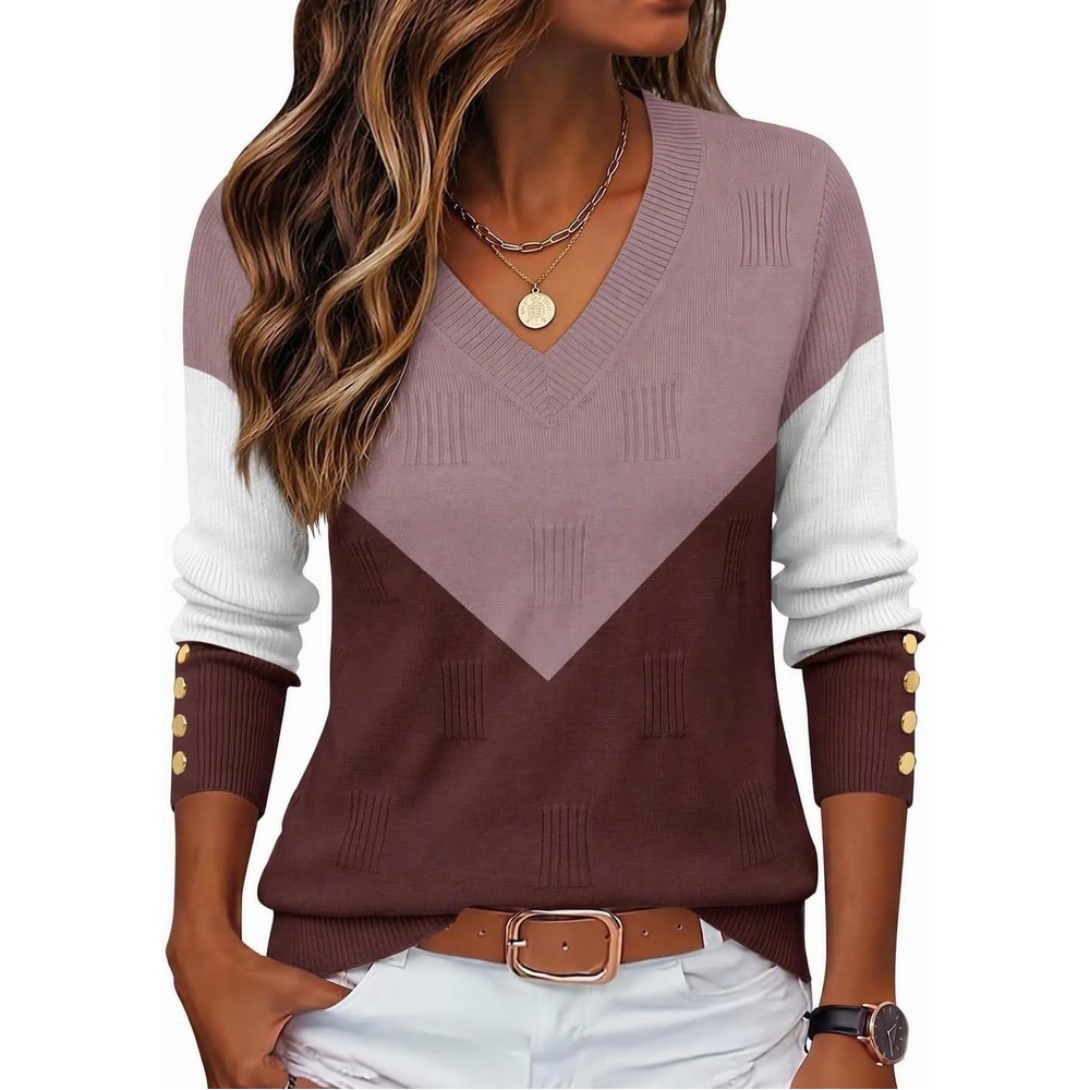 image:imageZeagoo Womens V Neck Sweaters Long Sleeve Lightweight with Buttons OufitsCchocolate Brown