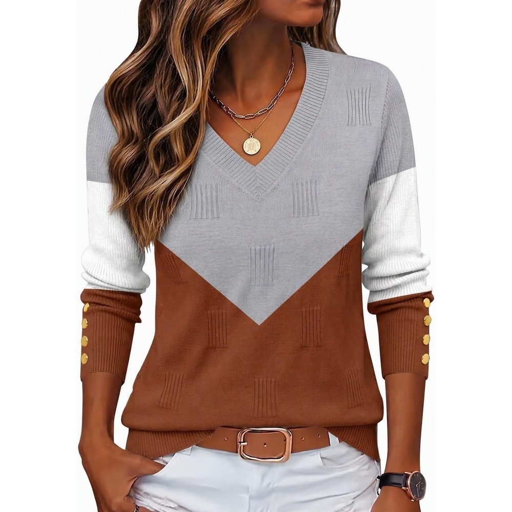 image:imageZeagoo Womens V Neck Sweaters Long Sleeve Lightweight with Buttons OufitsCgrey Caramel