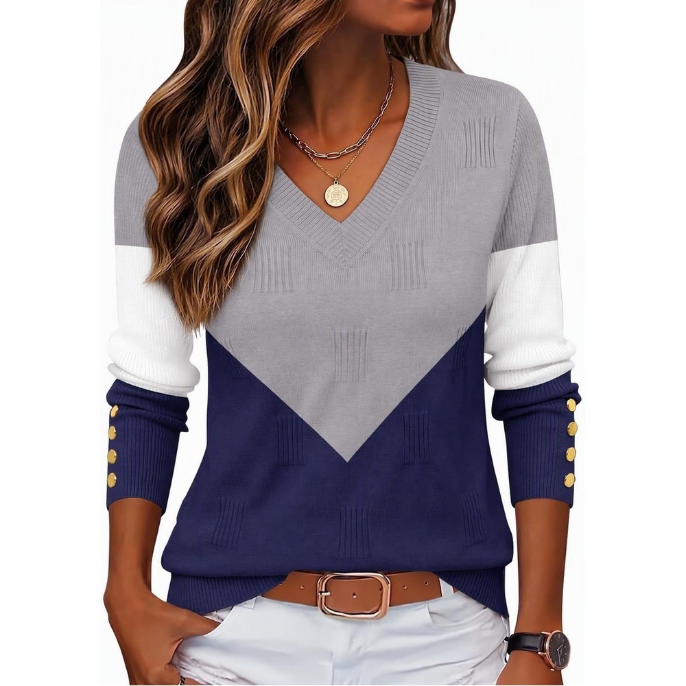 image:imageZeagoo Womens V Neck Sweaters Long Sleeve Lightweight with Buttons OufitsCgrey Navy