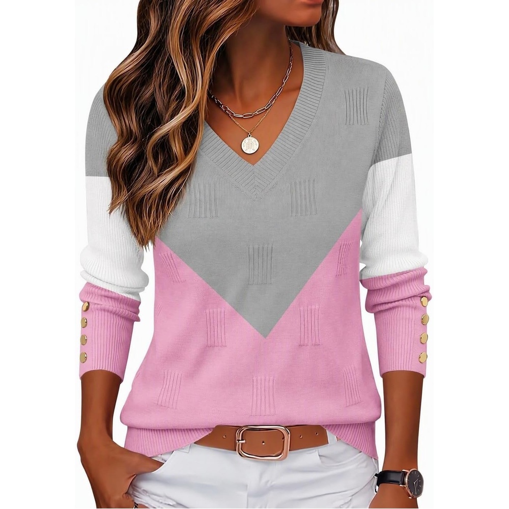 image:imageZeagoo Womens V Neck Sweaters Long Sleeve Lightweight with Buttons OufitsCgrey Pink