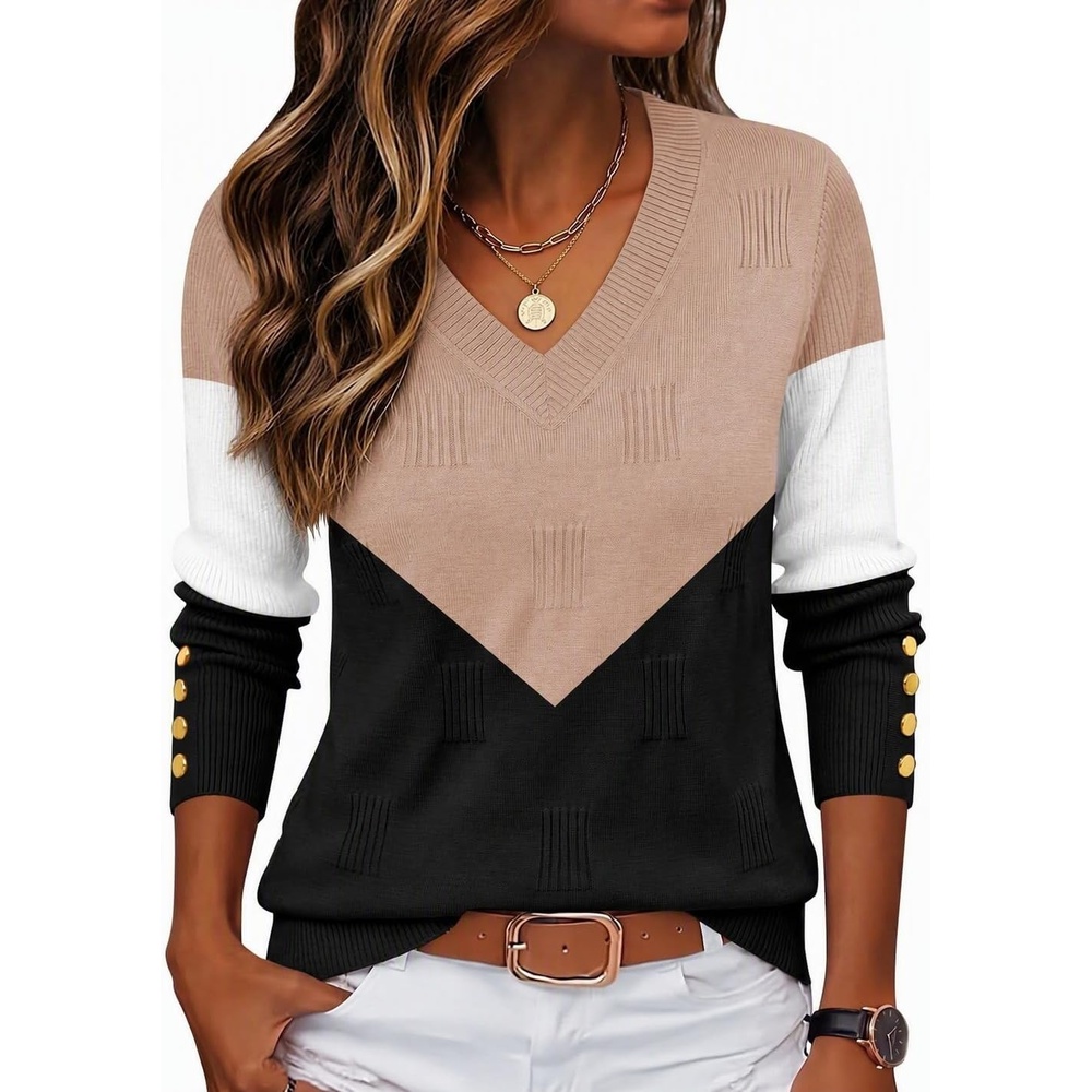 image:imageZeagoo Womens V Neck Sweaters Long Sleeve Lightweight with Buttons OufitsCkhaki Black