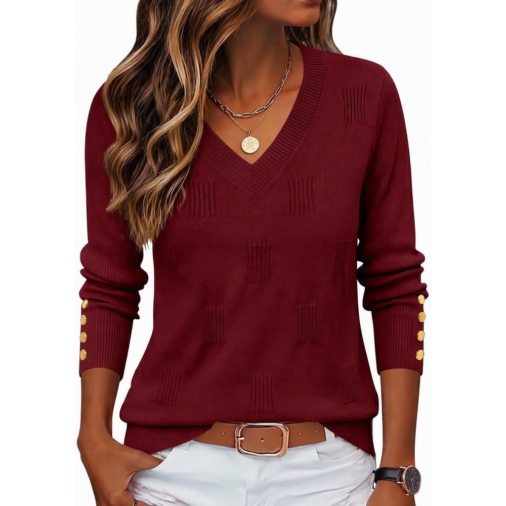 image:imageZeagoo Womens V Neck Sweaters Long Sleeve Lightweight with Buttons OufitsDark Red