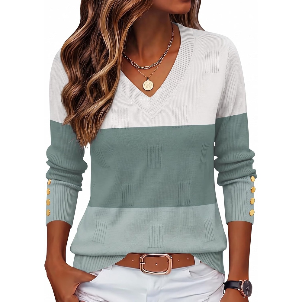 image:imageZeagoo Womens V Neck Sweaters Long Sleeve Lightweight with Buttons OufitsDbluegreen