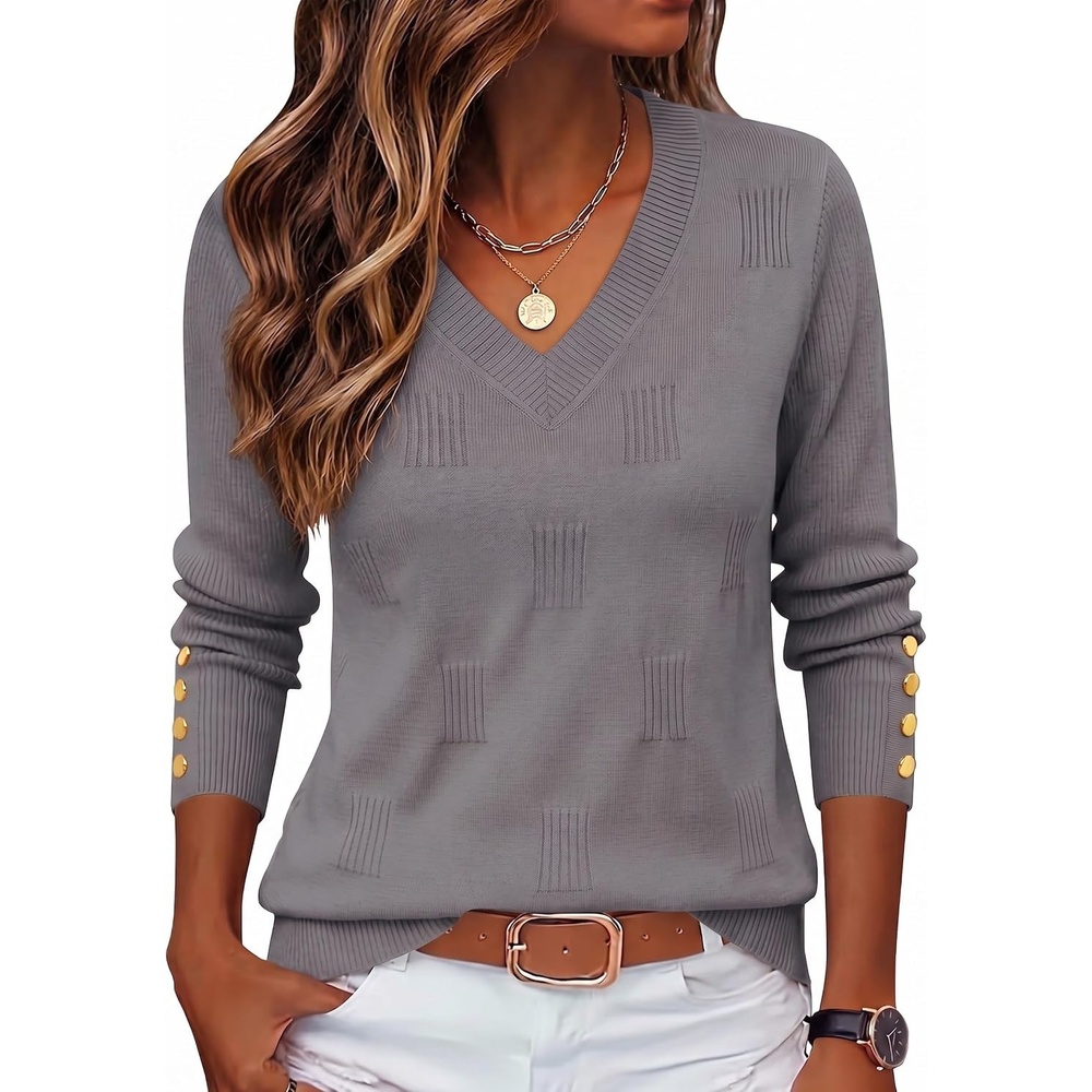 image:imageZeagoo Womens V Neck Sweaters Long Sleeve Lightweight with Buttons OufitsGray