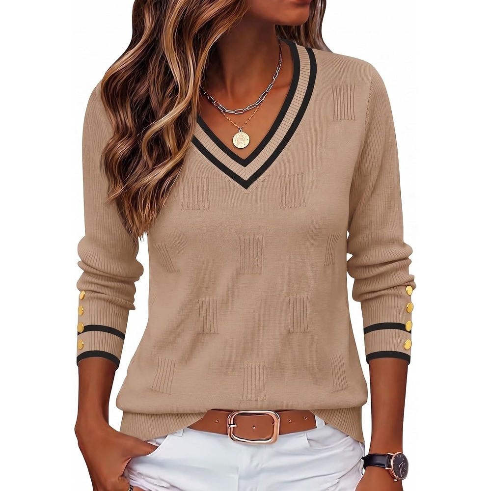 image:imageZeagoo Womens V Neck Sweaters Long Sleeve Lightweight with Buttons OufitsKhakiblack
