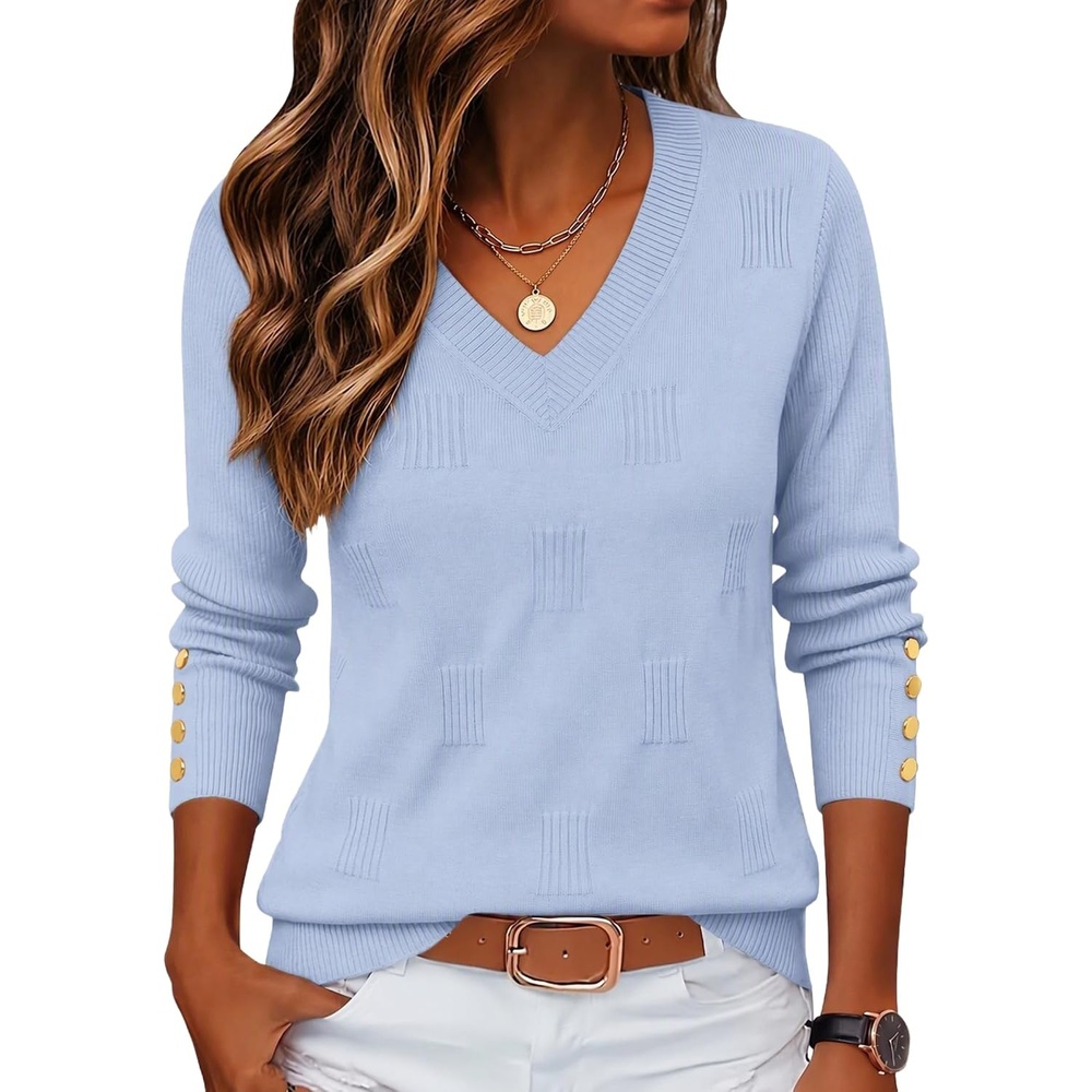 image:imageZeagoo Womens V Neck Sweaters Long Sleeve Lightweight with Buttons OufitsLight Blue