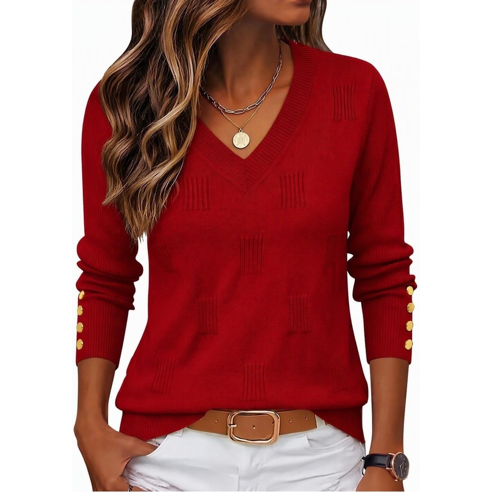 image:imageZeagoo Womens V Neck Sweaters Long Sleeve Lightweight with Buttons OufitsRed