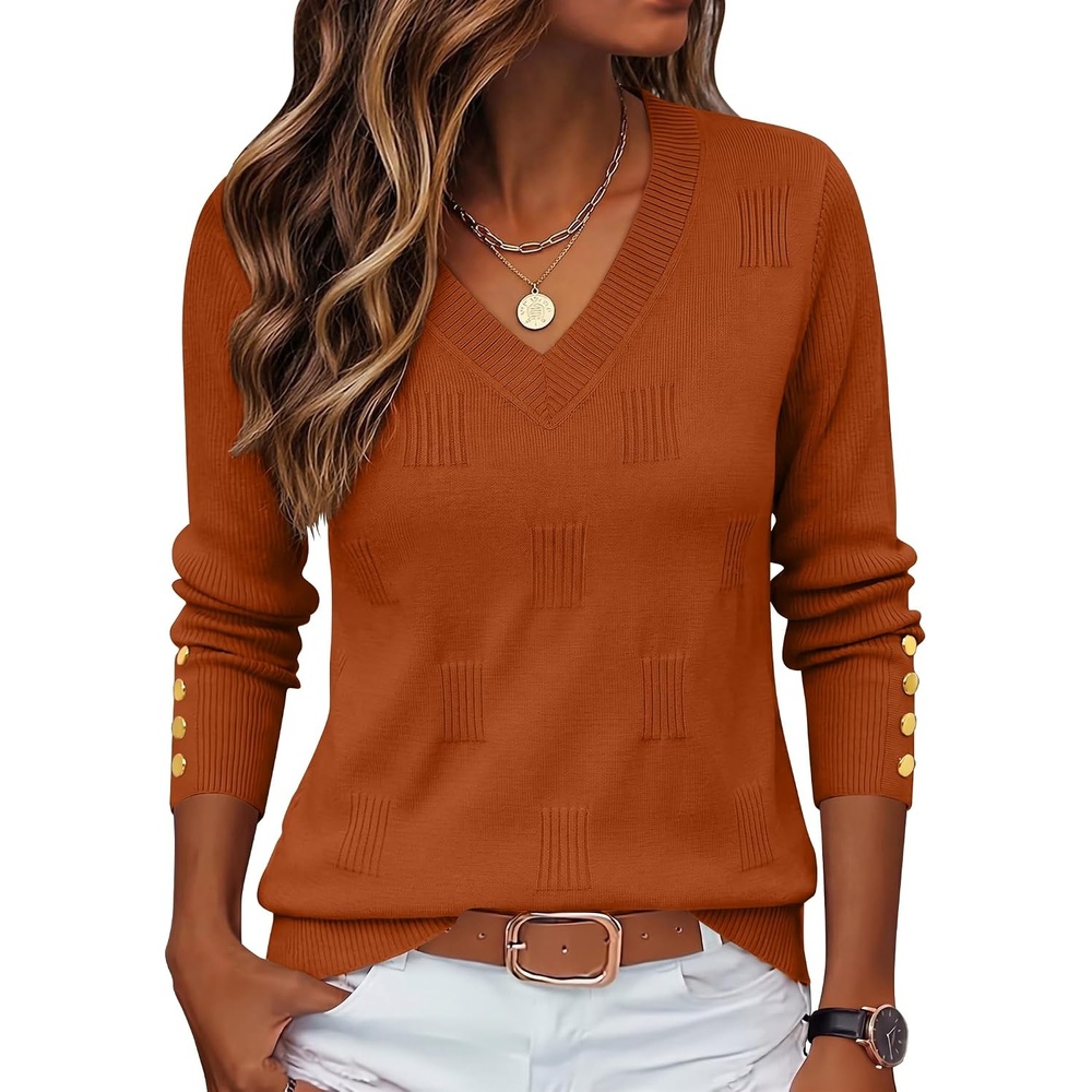 image:imageZeagoo Womens V Neck Sweaters Long Sleeve Lightweight with Buttons OufitsRust