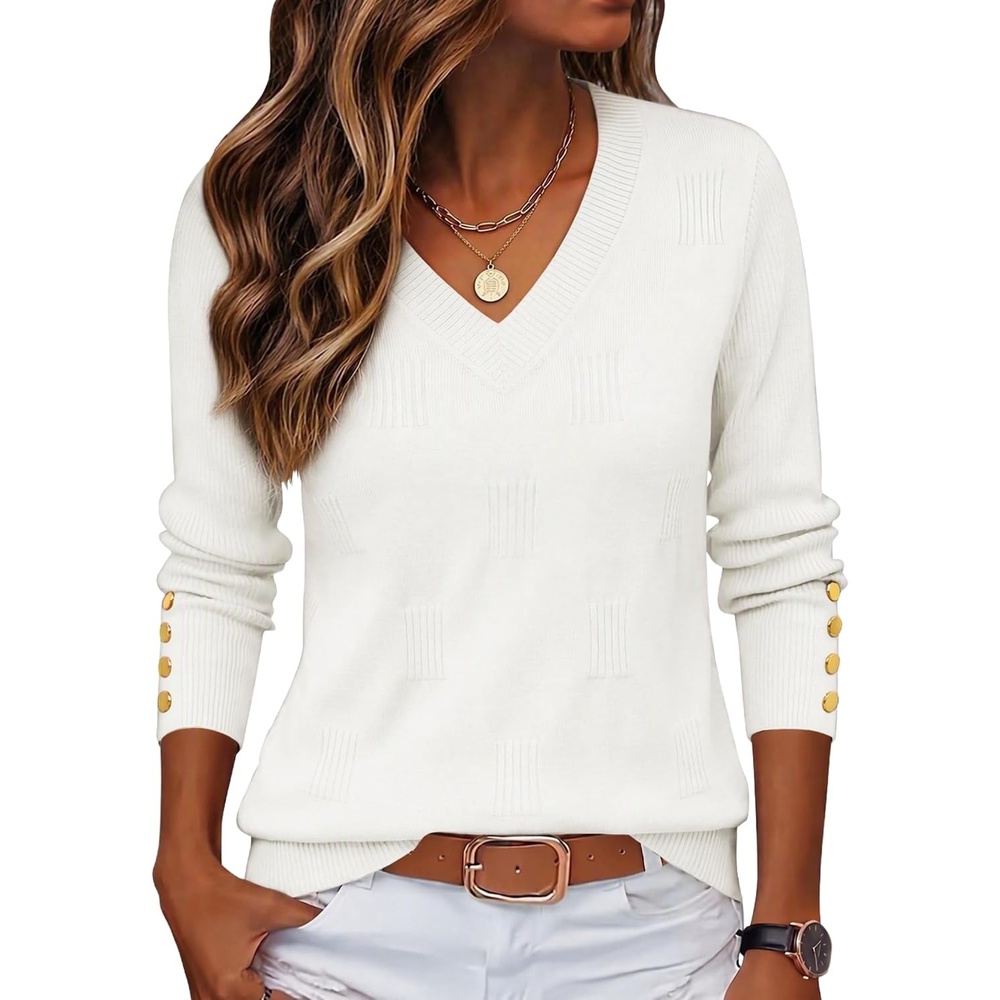 image:imageZeagoo Womens V Neck Sweaters Long Sleeve Lightweight with Buttons OufitsWhite