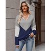 Zeagoo Women’s 2026 Fall V Neck Sweater Long Sleeve Lightweight Knit Tops(Y- Grey & Navy)