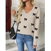 Zeagoo Women’s 2026 Fall V Neck Sweaters Long Sleeve Tops Fashion Clothing(Bowknot Apricot)