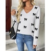 Zeagoo Women’s 2026 Fall V Neck Sweaters Long Sleeve Tops Fashion Clothing(Bowknot White)
