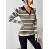 Zeagoo Womens 2026 Sweater Tops Long Sleeve V Neck Ribbed Knit Slim Fitted Casual Work Basic Shirts S-XXL(Beige Black Stripe)