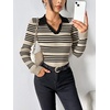 Zeagoo Womens 2026 Sweater Tops Long Sleeve V Neck Ribbed Knit Slim Fitted Casual Work Basic Shirts S-XXL(Beige Black Stripe)