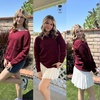 Zeagoo Womens Sweaters Cute Long Sleeve Off The Shoulder Pullover Tops Hollow Out Crochet Dressy Casual Outfits(A-wine Red)