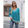 Zeagoo Womens V Neck Sweaters Long Sleeve Lightweight with Buttons Oufits(Blue-white)