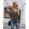 Zeagoo Womens V Neck Sweaters Long Sleeve Lightweight with Buttons Oufits(Brown-white)