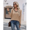 Zeagoo Womens V Neck Sweaters Long Sleeve Lightweight with Buttons Oufits(Khaki-black)