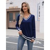 Zeagoo Womens V Neck Sweaters Long Sleeve Lightweight with Buttons Oufits(Navy Blue-white)