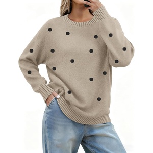 Zeagoo Fall Sweaters for Women 2026 Long Sleeve Crewneck Ribbed Knit Pullover Sweater Loose Fit Basic Jumper Tops(A Polka Dot-khaki)