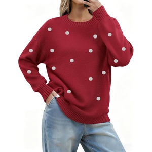 Zeagoo Fall Sweaters for Women 2026 Long Sleeve Crewneck Ribbed Knit Pullover Sweater Loose Fit Basic Jumper Tops(A Polka Dot-red)