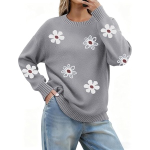 Zeagoo Fall Sweaters for Women 2026 Long Sleeve Crewneck Ribbed Knit Pullover Sweater Loose Fit Basic Jumper Tops(Aa Flower192)