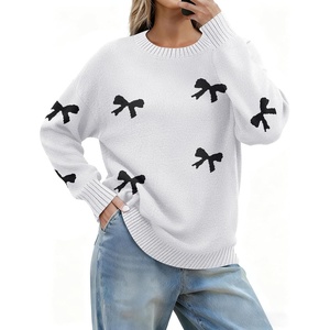 Zeagoo Fall Sweaters for Women 2026 Long Sleeve Crewneck Ribbed Knit Pullover Sweater Loose Fit Basic Jumper Tops(Bow612)
