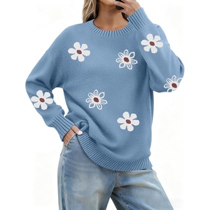 Zeagoo Fall Sweaters for Women 2026 Long Sleeve Crewneck Ribbed Knit Pullover Sweater Loose Fit Basic Jumper Tops(Flower193)