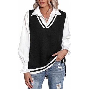 Zeagoo Sweater Vest Women Sleeveless V Neck Oversized Pullover Knitted Tops 2026 Fall Outfits(Black White)