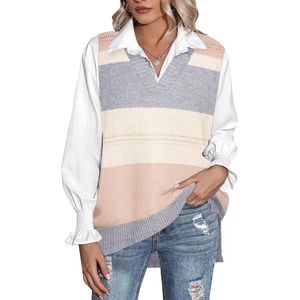 Zeagoo Sweater Vest Women Sleeveless V Neck Oversized Pullover Knitted Tops 2026 Fall Outfits(Color Block Beige)