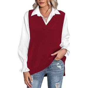 Zeagoo Sweater Vest Women Sleeveless V Neck Oversized Pullover Knitted Tops 2026 Fall Outfits(Wine Red)