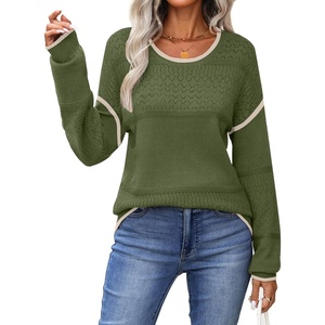 Zeagoo Sweaters for Women Long Sleeve Tops Soft Knit Crew Neck Pullover Sweater Lightweight Crochet 2026 Fall Outfits(Army Green-apricot)