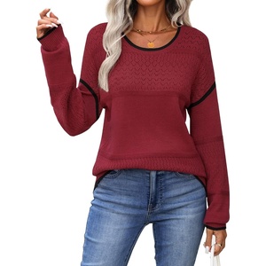 Zeagoo Sweaters for Women Long Sleeve Tops Soft Knit Crew Neck Pullover Sweater Lightweight Crochet 2026 Fall Outfits(Red-black)