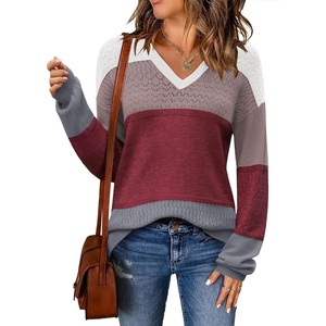 Zeagoo Sweaters for Women Long Sleeve Tops V Neck Outfits Fall Clothes(Colorblock 562)