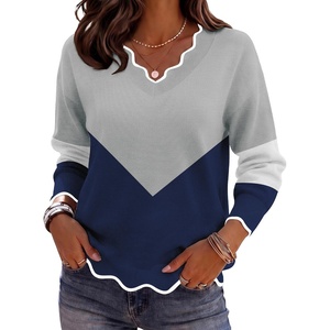 Zeagoo Women’s 2026 Fall V Neck Sweater Long Sleeve Lightweight Knit Tops(Y- Grey & Navy)