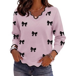 Zeagoo Women’s 2026 Fall V Neck Sweater Long Sleeve Lightweight Knit Tops(Z – Bow Pink)