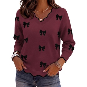 Zeagoo Women’s 2026 Fall V Neck Sweater Long Sleeve Lightweight Knit Tops(Z- Bow Burgundy)