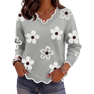Zeagoo Women’s 2026 Fall V Neck Sweater Long Sleeve Lightweight Knit Tops(Z- Flowers Grey)