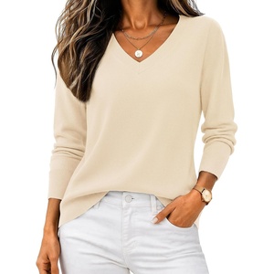 Zeagoo Women’s 2026 Fall V Neck Sweaters Long Sleeve Tops Fashion Clothing(Apricot)