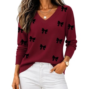 Zeagoo Women’s 2026 Fall V Neck Sweaters Long Sleeve Tops Fashion Clothing(Bowknot Red)
