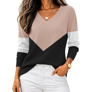 Zeagoo Women’s 2026 Fall V Neck Sweaters Long Sleeve Tops Fashion Clothing(Khaki Black Colorblock)