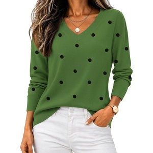 Zeagoo Women’s 2026 Fall V Neck Sweaters Long Sleeve Tops Fashion Clothing(Polka Dot-green)